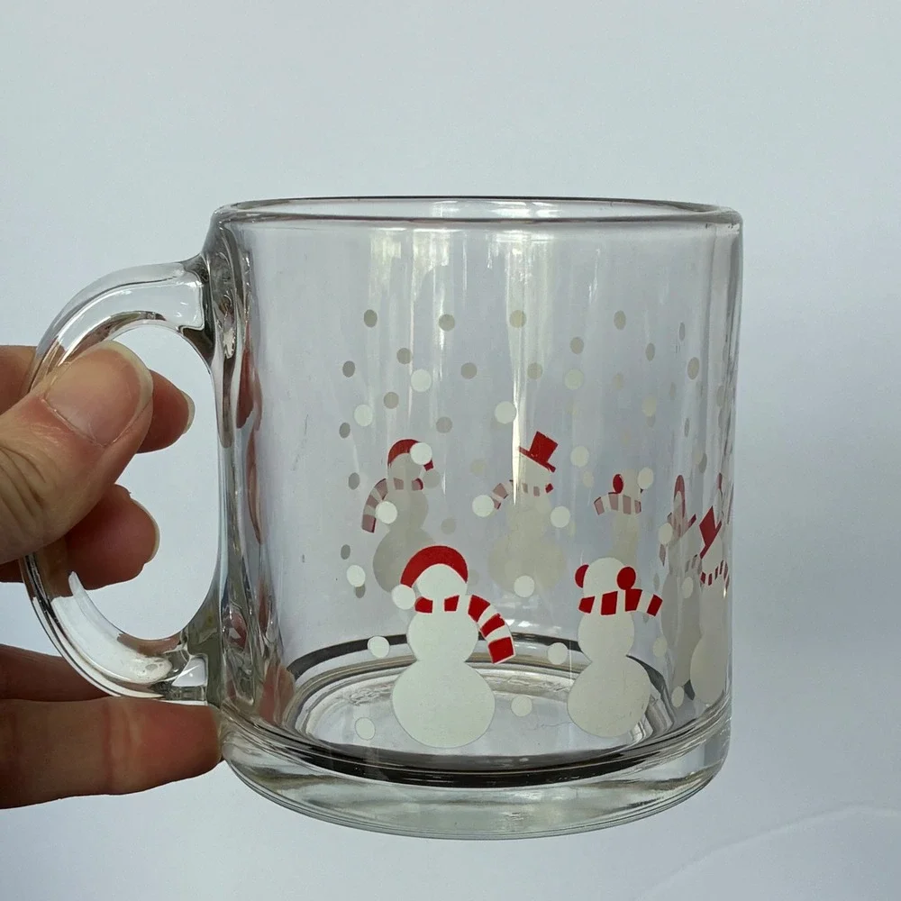 Crate and Barrel Glass Mug Snowman Holiday Vtg Xmas Winter Hot Cocoa Festive